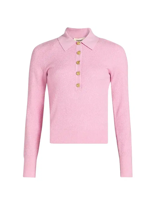 L'AGENCE Women's Sterling Floral-Button Polo Sweater - Fondant Pink Gold Rose