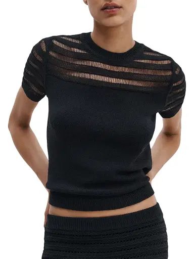 rag & bone Women's Britt Pointelle Short-Sleeve Knit Top - Black - Size Small | Thumbnail 3