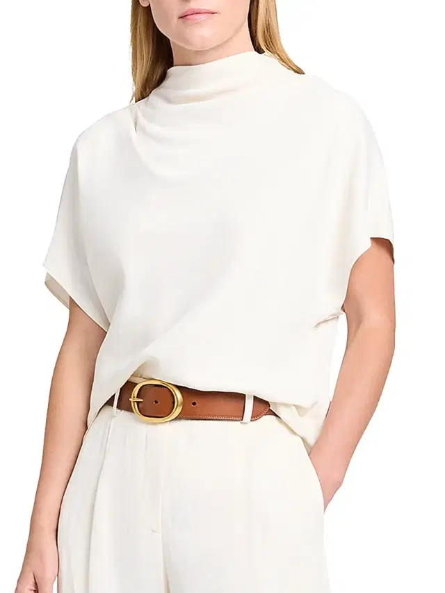 TWP Women's Draped Mock Neck Linen-Blend T-Shirt - Bone