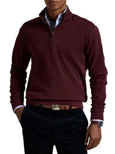 Polo Ralph Lauren Men's Luxury Textured Quarter-Zip Sweatshirt - Spring Wine Heather Blackboot - Size XS | Thumbnail 3