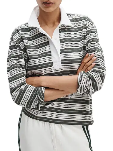 rag & bone Women's Kelly Striped Cotton Polo Shirt - Green Multi - Size Medium | Thumbnail 3 rag & bone Women's Kelly Striped Cotton Polo Shirt - Green Multi - Size Medium | Thumbnail 3