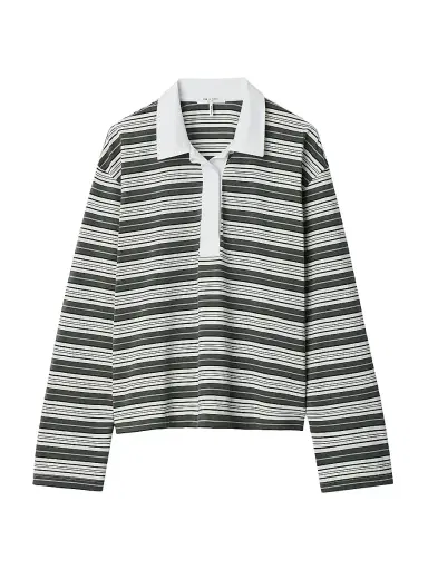 rag & bone Women's Kelly Striped Cotton Polo Shirt - Green Multi - Size Medium | Thumbnail 1 rag & bone Women's Kelly Striped Cotton Polo Shirt - Green Multi - Size Medium | Thumbnail 1