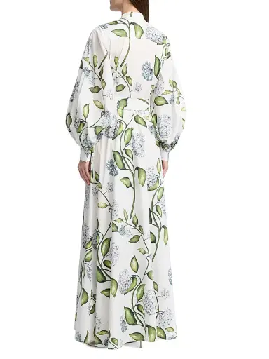 Oscar de la Renta Women's Porcelain Flowers Poplin Balloon-Sleeve Maxi Dress - Denim White | Thumbnail 5