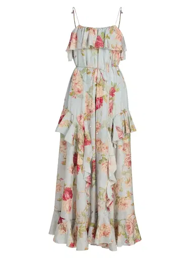Zimmermann Women's Roselight Silk Frill Maxi Dress - Blue Rose Floral - Size 6 | Thumbnail 1