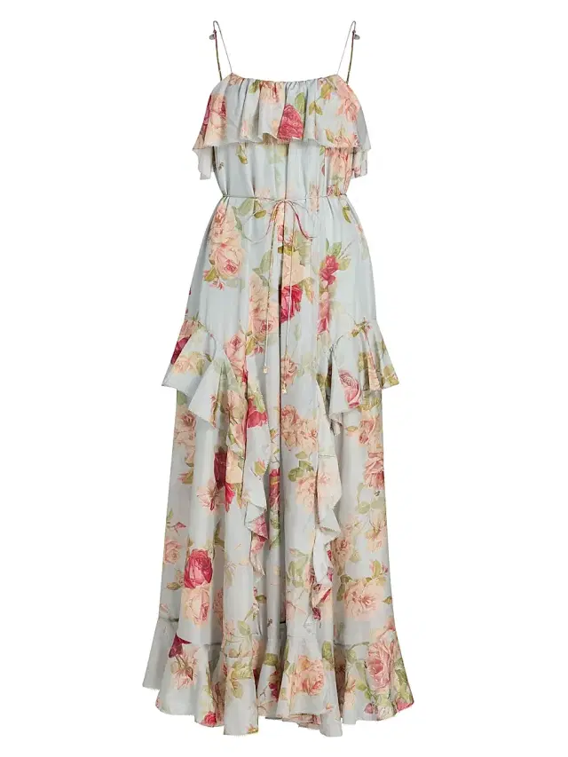Women's Roselight Silk Frill Maxi Dress - Blue Rose Floral