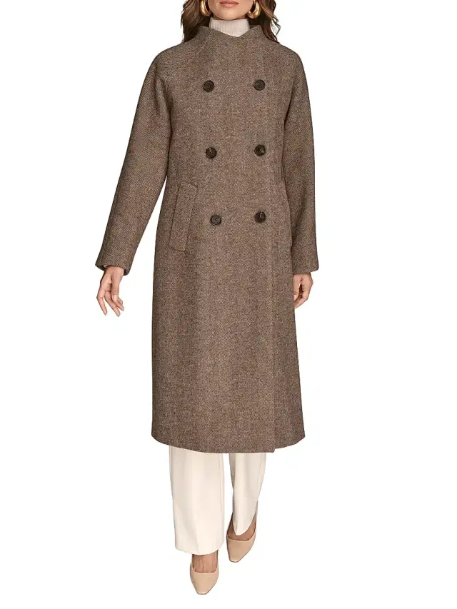 Donna Karan New York Women's Cocoon Double-Breasted Wool-Blend Coat - Brown Herringbone