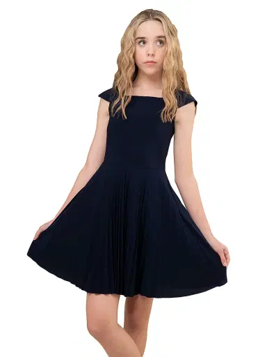 Un Deux Trois Girl's Cap Sleeve Pleated Dress - Navy | Thumbnail 2 Un Deux Trois Girl's Cap Sleeve Pleated Dress - Navy | Thumbnail 2