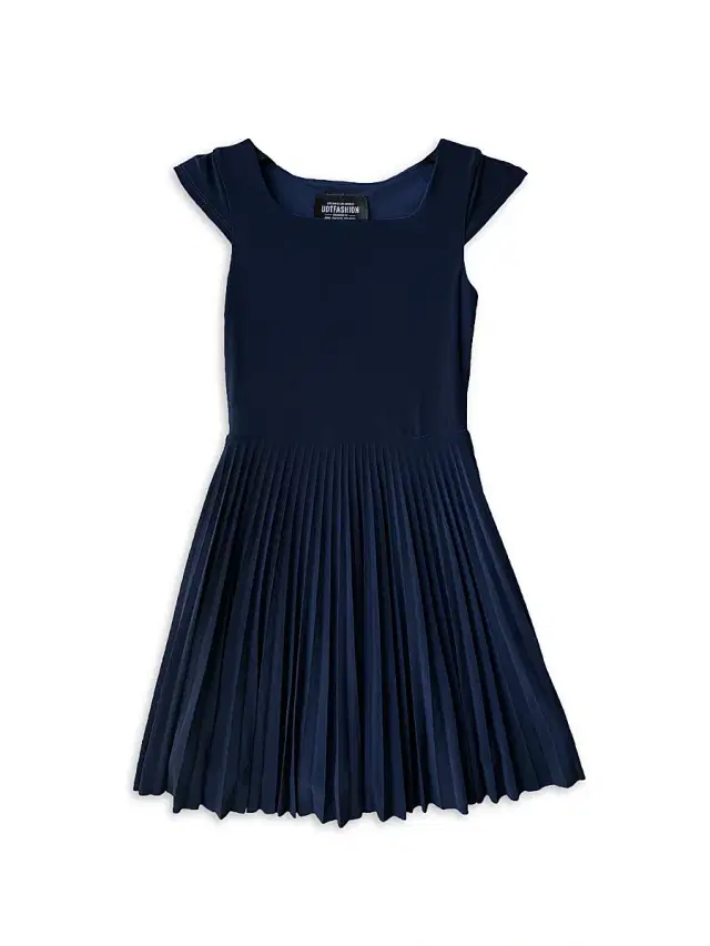 Un Deux Trois Girl's Cap Sleeve Pleated Dress - Navy
