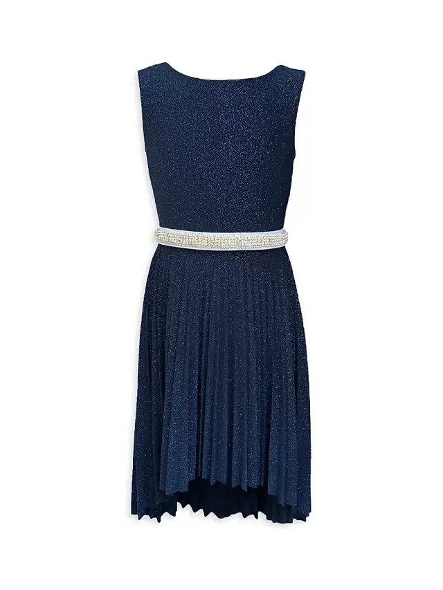 Un Deux Trois Girl's Glitter Pleated High-Low Dress - Navy