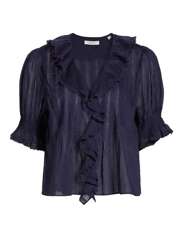 Women's Henri Ruffled Cotton Short-Sleeve Blouse - Adriatic