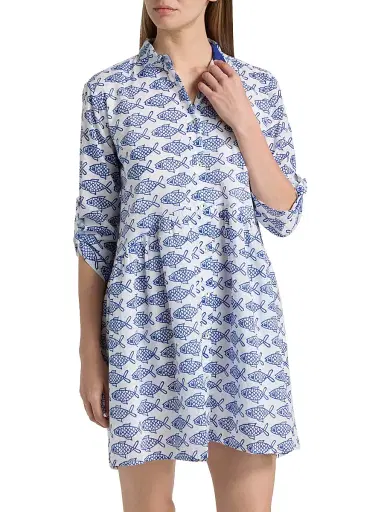 Ro's Garden Women's Deauville Cotton Fish Print Minidress - Blue | Thumbnail 2 Ro's Garden Women's Deauville Cotton Fish Print Minidress - Blue | Thumbnail 2
