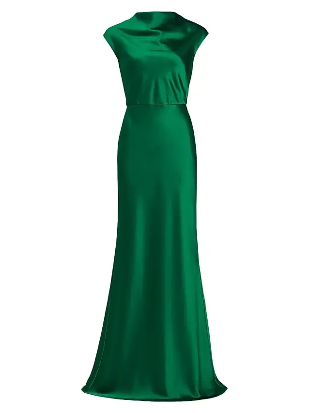 Amsale Women's Satin High Cowlneck A-Line Gown - Emerald