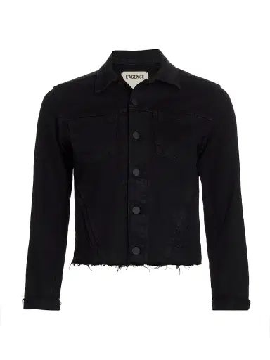 L'Agence Women's Janelle Slim-Fit Raw-Hem Denim Jacket - Saturated Black - Size Large | Thumbnail 1 L'Agence Women's Janelle Slim-Fit Raw-Hem Denim Jacket - Saturated Black - Size Large | Thumbnail 1