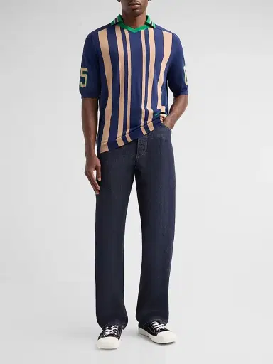 MOSCHINO Men's Striped Johnny Collar Polo Sweater - Multi Blue - Size 38 | Thumbnail 2 MOSCHINO Men's Striped Johnny Collar Polo Sweater - Multi Blue - Size 38 | Thumbnail 2