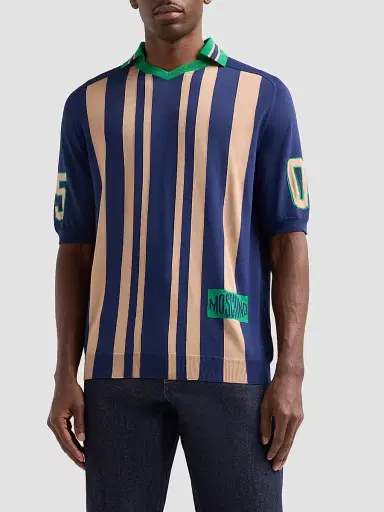 MOSCHINO Men's Striped Johnny Collar Polo Sweater - Multi Blue - Size 38 | Thumbnail 4 MOSCHINO Men's Striped Johnny Collar Polo Sweater - Multi Blue - Size 38 | Thumbnail 4