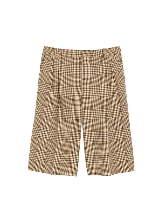 Men's Plaid Pleated Wool Shorts - Caramel Blanc Creme