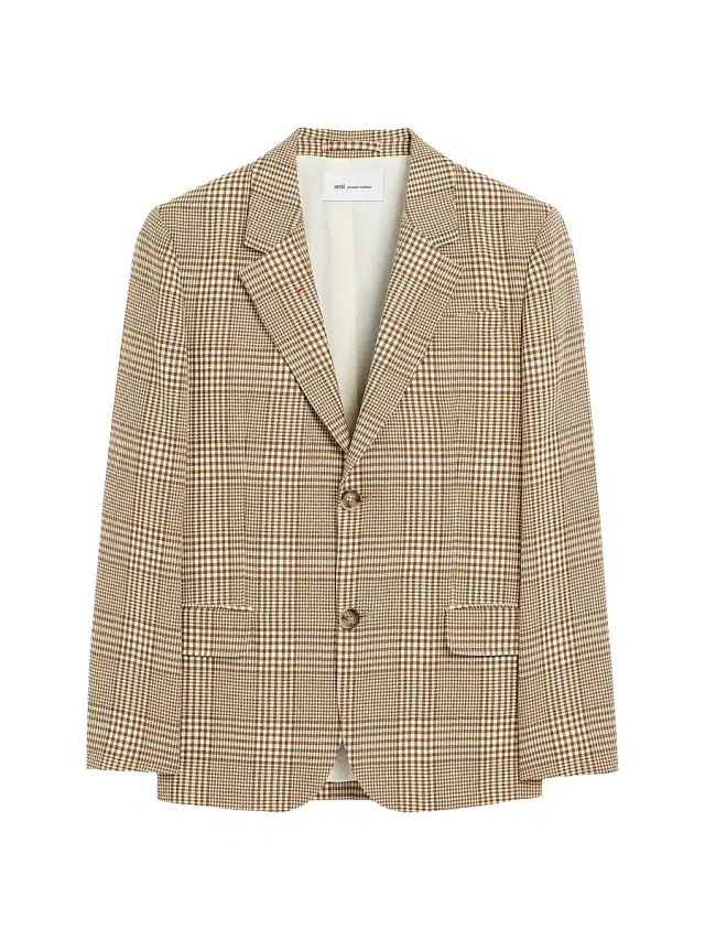 Men's Houndstooth Glen Plaid Wool Single-Breasted Blazer - Caramel Blanc Creme