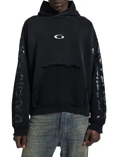 Balenciaga Men's Transparent Tape Ripped Pocket Hoodie - Faded Black White - Size XXL | Thumbnail 2 Balenciaga Men's Transparent Tape Ripped Pocket Hoodie - Faded Black White - Size XXL | Thumbnail 2