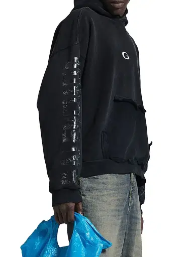 Balenciaga Men's Transparent Tape Ripped Pocket Hoodie - Faded Black White - Size XXL | Thumbnail 5 Balenciaga Men's Transparent Tape Ripped Pocket Hoodie - Faded Black White - Size XXL | Thumbnail 5