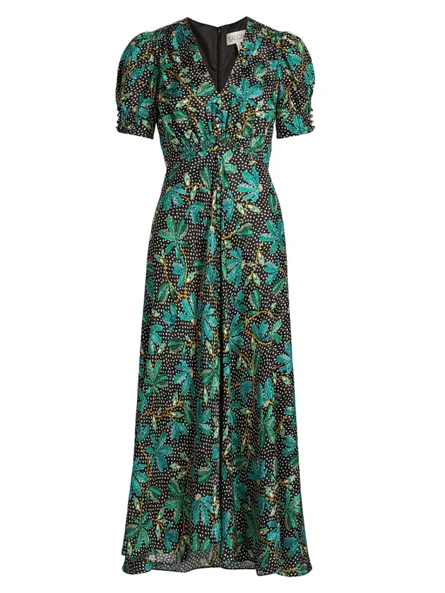 Saloni Women's Lea Floral Silk Midi-Dress - Pelta Polka