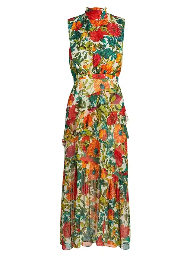 Saloni Women's Fleur Floral Silk Sleeveless Midi Dress - Mandevilla Foliage