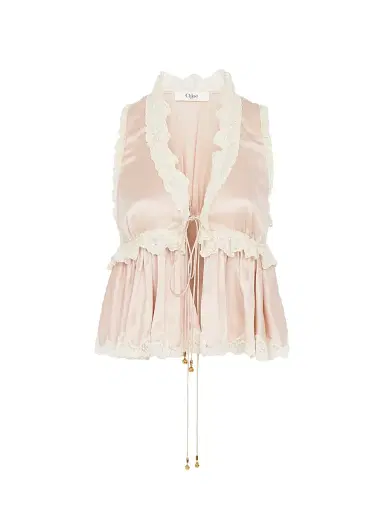 Chloé Women's Satin Silk Lace-Trimmed Tie Top - Rose Dust | Thumbnail 1 Chloé Women's Satin Silk Lace-Trimmed Tie Top - Rose Dust | Thumbnail 1