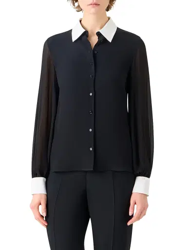Akris Women's Contrast-Collar Silk Georgette Blouse - Black Ecru - Size 16 | Thumbnail 3