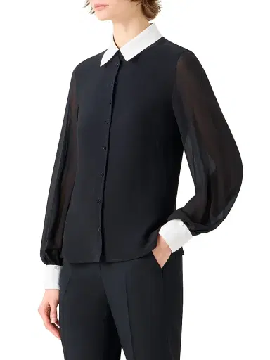 Akris Women's Contrast-Collar Silk Georgette Blouse - Black Ecru - Size 16 | Thumbnail 4