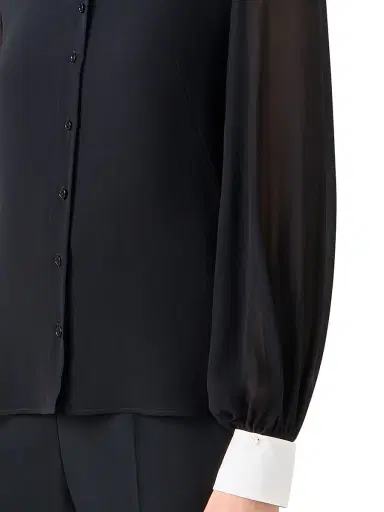 Akris Women's Contrast-Collar Silk Georgette Blouse - Black Ecru - Size 16 | Thumbnail 6