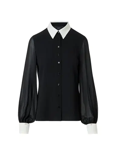 Akris Women's Contrast-Collar Silk Georgette Blouse - Black Ecru - Size 16 | Thumbnail 1