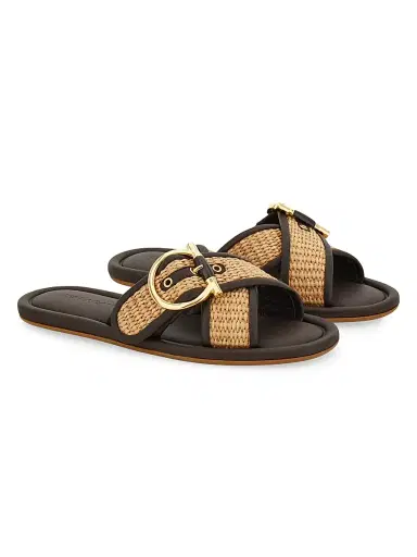 Ferragamo Women's Elyzia Raffia-Leather Slide Sandals - Naturale Testa Di Moro - Size 11 | Thumbnail 3