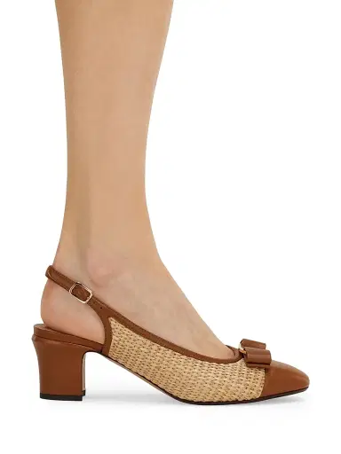 Ferragamo Women's Vetty 55MM Raffia & Leather Slingback Pumps - Naturale Biscotto - Size 11 | Thumbnail 2