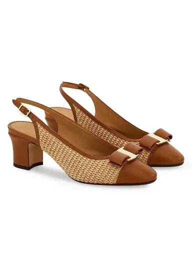 Ferragamo Women's Vetty 55MM Raffia & Leather Slingback Pumps - Naturale Biscotto - Size 11 | Thumbnail 3