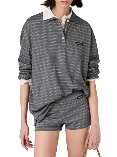 Miu Miu Women's Cotton Jersey Polo T-Shirt - Grey - Size Large | Thumbnail 3
