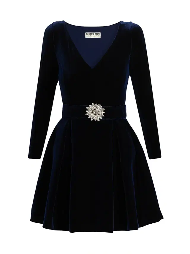 Chiara Boni La Petite Robe Women's Embellished Velvet Belted Cocktail Minidress - Blue Notte Black