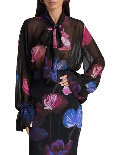 Chiara Boni La Petite Robe Women's Mihai Floral Chiffon Tieneck Blouse | Thumbnail 3 Chiara Boni La Petite Robe Women's Mihai Floral Chiffon Tieneck Blouse | Thumbnail 3