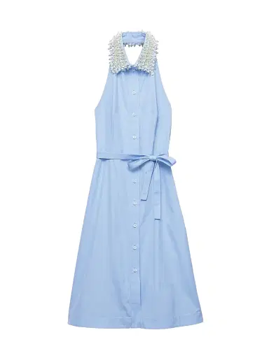Prada Women's Embroidered Poplin Shirt Dress - Blue - Size 12 | Thumbnail 1