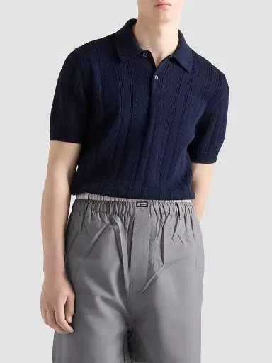 Prada Men's Short-Sleeved Openwork Cotton Polo Shirt | Thumbnail 2