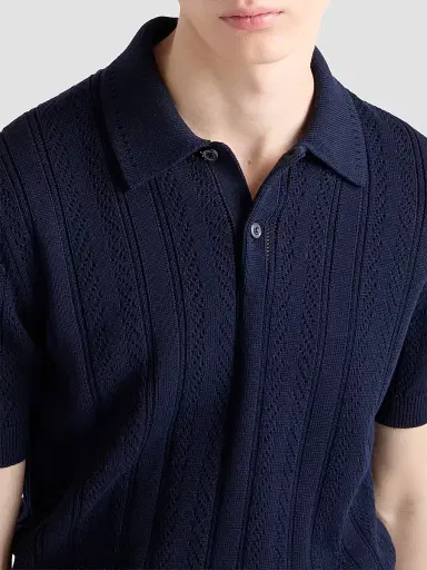 Prada Men's Short-Sleeved Openwork Cotton Polo Shirt | Thumbnail 4