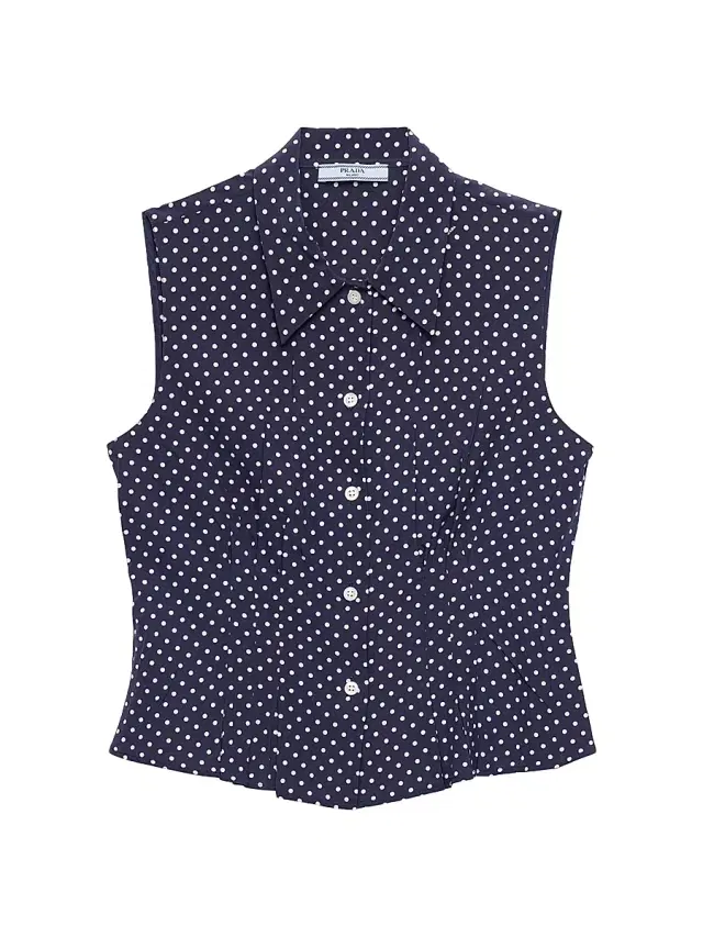 Prada Women's Sleeveless Polka-Dot Marocain Silk Shirt - Blue
