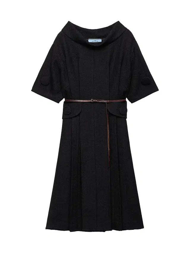 Women's Short Sleeve Chevron Wool Dress with Belt - Black
