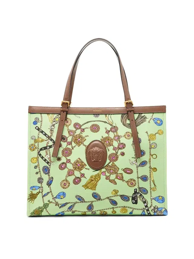 Versace Women's  Broken-Jewel Medusa Cotton Canvas Tote Bag - Pistachio Azur Taupe Gold