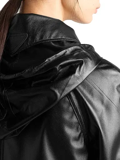 Prada Women's Hooded Nappa Leather and Fabric Caban Jacket - Black | Thumbnail 5 Prada Women's Hooded Nappa Leather and Fabric Caban Jacket - Black | Thumbnail 5