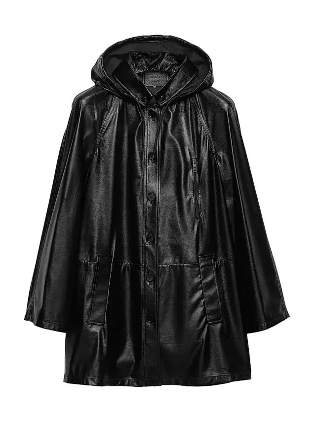 Women's Hooded Nappa Leather and Fabric Caban Jacket - Black