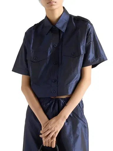 Prada Women's Cropped Taffeta Shirt - Blue | Thumbnail 2