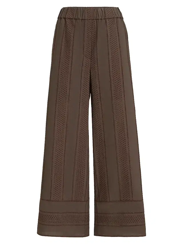 Brunello Cucinelli Women's Techno Cotton Poplin Broderie Anglaise Track Trousers - Chocolate - Size 12