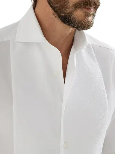 Brunello Cucinelli Men's Cotton Twill Slim Fit Shirt with Point Collar and Pleated Bib - White | Thumbnail 4 Brunello Cucinelli Men's Cotton Twill Slim Fit Shirt with Point Collar and Pleated Bib - White | Thumbnail 4