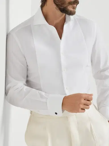 Brunello Cucinelli Men's Cotton Twill Slim Fit Shirt with Point Collar and Pleated Bib - White | Thumbnail 5 Brunello Cucinelli Men's Cotton Twill Slim Fit Shirt with Point Collar and Pleated Bib - White | Thumbnail 5