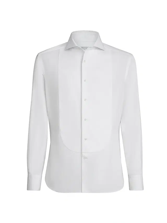 Brunello Cucinelli Men's Cotton Twill Slim Fit Shirt with Point Collar and Pleated Bib - White