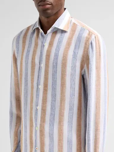 Isaia Men's Striped Linen Button-Front Shirt - White Brown - Size 17.5 | Thumbnail 5 Isaia Men's Striped Linen Button-Front Shirt - White Brown - Size 17.5 | Thumbnail 5